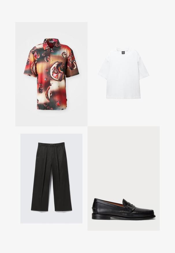 Chemise à manches courtes en tissu brillant, présentant un design abstrait éclatant de bulles rouges et brunes sur un fond dégradé. Boutonnage sur le devant.; T-shirt blanc à manches courtes en coton, avec un col rond et une coupe décontractée àOurlet droit. Sans motifs ni embellissements.; Pantalons larges noirs avec une texture lisse, dotés de deux poches avant et d'une taille légèrement rehaussée.; Mocassin en cuir noir avec un bout arrondi, des détails cousus et une sangle décorative à l'avant. Semelle plate avec un profil minimal.