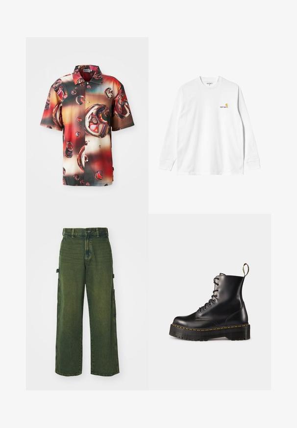 Korte mouwen shirt van glanzende stof, met een levendig abstract ontwerp van rode en bruine bubbels tegen een gradient achtergrond. Voorzijde met knoopjes.; Witte katoenen T-shirt met lange mouwen en ronde hals, met een klein geel en bordeaux logo op de linkerborst. Naadloze manchetten en zoom.; Groene denim cargobroek met wijde pijpen, voorzien van zijzakken, vervaagde textuur en klassieke knoop- en ritssluiting.; Zwarte leren veterschoenen tot de enkel met een robuuste zwarte zool en gele stiksels. Kenmerkend zijn de trekloop aan de achterkant en de ronde metalen oogjes.