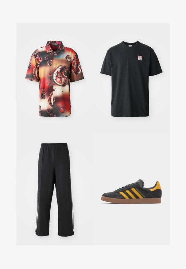 Koszulka z krótkim rękawem z błyszczącego materiału, z wyraźnym abstrakcyjnym wzorem czerwonych i brązowych bąbelków na tle w gradientzie. Zapinana na guziki.; Czarna bawełniana koszulka z okrągłym dekoltem, krótkimi rękawami oraz małą kolorową metką na lewej piersi z napisem "SUPERIOR."; Czarna dresowa spodnie z elastycznym paskiem w talii, z białymi paskami po bokach i luźnym krojem. Wykonane z miękkiego, elastycznego materiału.; Czarne zamszowe sneakersy z żółtymi akcentami, z trzema paskami i brązową gumową podeszwą. Posiadają wyściełany język dla większego komfortu.