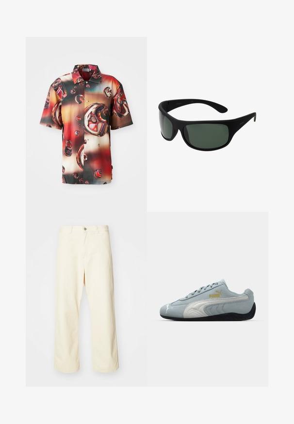 Camicia a manica corta in tessuto lucido, con un vivace design astratto di bolle rosse e marroni su uno sfondo sfumato. Chiusura con bottoni davanti.; Pantaloni larghi color crema in cotone con chiusura a bottone, passanti per cintura e orlo cucito. Texture liscia, senza motivi visibili.; Sneaker in suede blu chiaro con accenti bianchi, design laterale testurizzato, suola in gomma nera e logo dorato. Progettato per un uso casual.; Occhiali da sole neri avvolgenti con lenti verde scuro. Finitura opaca, design curvo, con aste dritte e un branding sottile sul lato.