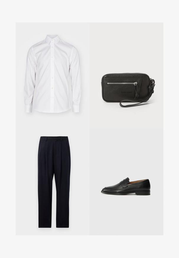 Tiger of Sweden ADLEY - Formāls krekls - white; Navy krāsas bikses taisnā piegriezumā, ar fakturētu audumu, diviem priekšējiem vīlēm, jostas cilpām un rāvējslēdzēja aizdari.; Melnas ādas loafers ar noapaļotu purngala formu, smalku izšuvumu un zemu papēdi, piedāvājot gludu tekstūru un minimālistisku dizainu.; Melnas ādas clutch soma ar teksturētu virsmu, priekšējo rāvējslēdzēja kabatu un noņemamu roku siksnu. Iekļauts logotipa uzlikums priekšpusē. Taisnstūra forma.