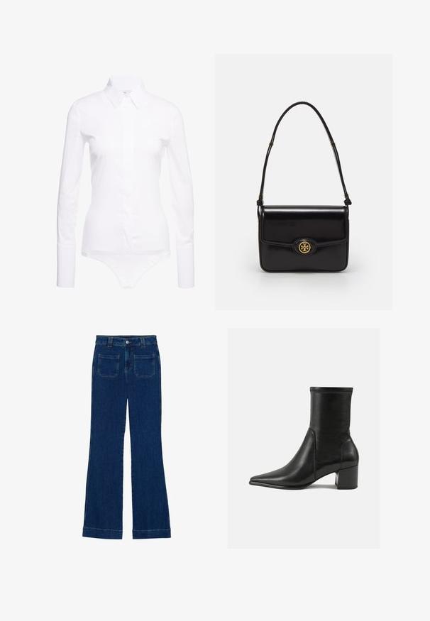 White long-sleeve bodysuit with a pointed collar, front button closure, and smooth, stretchy fabric. Fitted silhouette, minimalist design.; Denim flared jeans in dark blue with a smooth texture, five-pocket design, and a button closure at the waist.; Black ankle boot made of smooth leather, featuring a pointed toe, a block heel, and distinct raised stitching at the top edge.; Black leather handbag with a rectangular shape, gold hardware, a front flap, and a circular logo accent. Features a single adjustable strap.