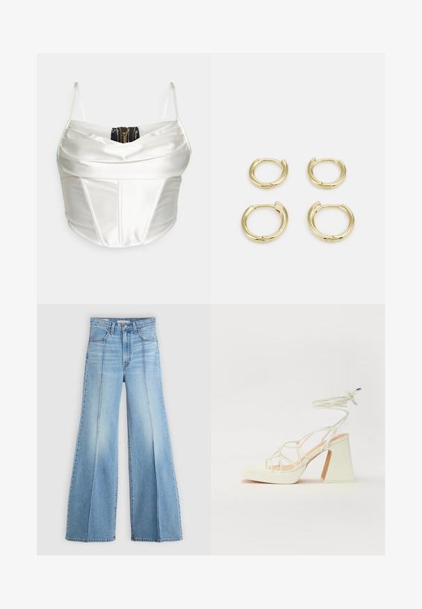 Top de corpete em cetim branco com alças finas, apresentando um design em camadas e um detalhe emzip preto na parte de trás. Textura suave, forma estruturada.; Jeans de cintura alta em azul claro, com pernas largas, bolsos dianteiros e traseiros, passantes para cinto e detalhes de costura vertical na parte da frente.; Sandálias brancas de salto alto com um salto robusto, apresentando um design com tiras e amarração no tornozelo. Textura suave com uma plataforma na frente para altura adicional.; Brincos em ouro, quatro peças, acabamento liso, design arredondado, tamanhos variados, com fecho articulado para fácil uso.