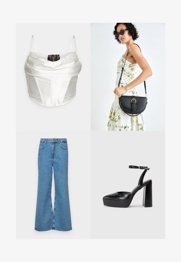 Balta satīna korsete ar plānām siksnām, ar slāņainu dizainu un melnu rāvējslēdzēju aizmugurē. Gluda tekstūra, strukturēta forma.; Gaiši zili, platā piegriezuma džinsi, kas izgatavoti no denima, ar augstu jostasvietu, piecām kabatām un vienu pogu. Mīksta tekstūra ar nolietotu apdari.; Melnas platformas papēžs ar norādītu purngala formu un regulējamu potītes siksniņu. Izgatavotas no gludas ādas, ar masīvu bloku papēdi.; Melnas ādas rokassoma ar izliekta formu, noņemamu siksnu un zelta aksesuāriem. Somai ir vāciņš ar sprādzes detaļu.