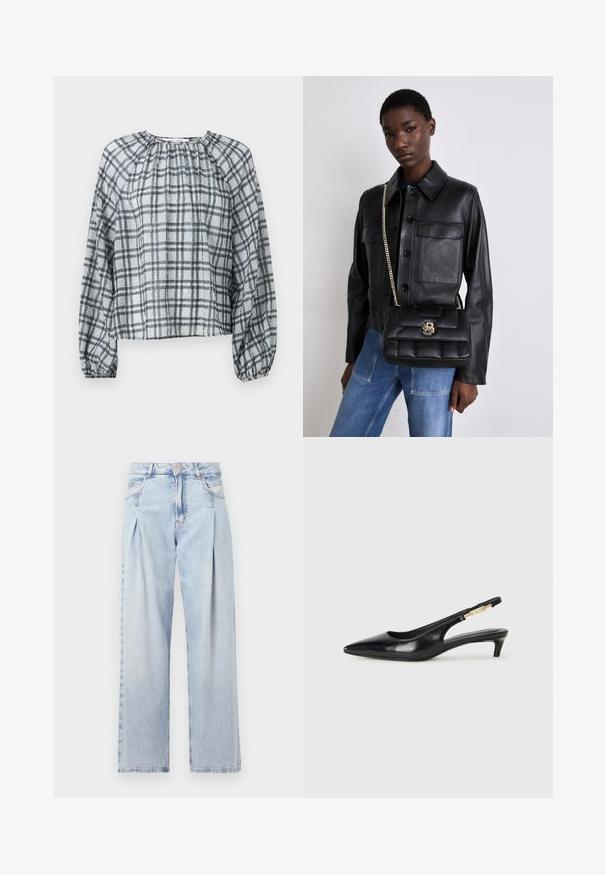 Patikrinta bluzonė iš lengvos medžiagos, su apvaliu iškirpimu, ilgomis pūstomis rankovėmis ir surinkta priekyje. Spalvos: pilka ir juoda.; Šviesiai mėlyni džinsai su aukštu liemeniu, plačiomis kojomis, dviem šoninėmis kišenėmis ir raukinių dizainu. Minkšta tekstūra su nudilusia apdaila.; Juodas odinis pavasario batelių modelis su smailiu nosiu, turintis siaurą kulniuką ir auksinės spalvos akcentu reguliuojamoje juostoje. Lygi tekstūra.; Juodas odinis švarkas su mygtukų uždarymu ir dviem priekinėmis kišenėmis, sujungtas su juodu siuvinėtu rankiniu krepšiu, turinčiu auksinį užsegimą ir grandinėlės dirželį.