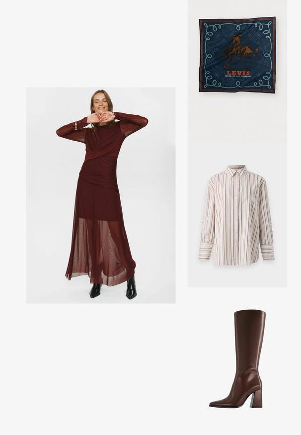 Hemd in creme mit vertikalen Streifen in Rot und Marine. Mit einer Brusttasche, Kragen und langen Ärmeln mit Manschetten.; Langes burgunderfarbenes Kleid aus durchsichtigem und glattem Stoff, mit einem gewickelten Oberteil, Raffung und durchsichtigen langen Ärmeln.; Brauner kniehoher Lederstiefel mit spitzer Zehe und klobigem mittelhohem Absatz, Seitenansicht vor weißem Hintergrund.; Navy Seidenschal mit einem Grafikmotiv eines braunen Pferdereiters, einem dekorativen blauen Seilmuster und dem Text "LEVI'S GETRAGEN VON ALLEN COWBOYS" in Rot.; Braune Wildleder-Handtasche mit zwei stabilen Griffen, rechteckiger Form und dekorativem Riemen-Detail an der Vorderseite.