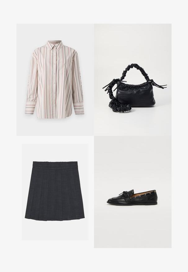 Button-up shirt in cream with vertical stripes in red and navy. Features a chest pocket, standard collar, and long sleeves with cuffs.; Dark gray pleated skirt with an elastic waistband, featuring a textured fabric and a classic A-line silhouette. Suitable for casual wear.; Black leather loafers with a tied bow, featuring gold eyelet accents along the sides and a flat rubber sole. Smooth texture, classic design.; Black faux leather handbag with a crocodile texture, cinched top, and a scrunched strap. Appears soft and compact in design.