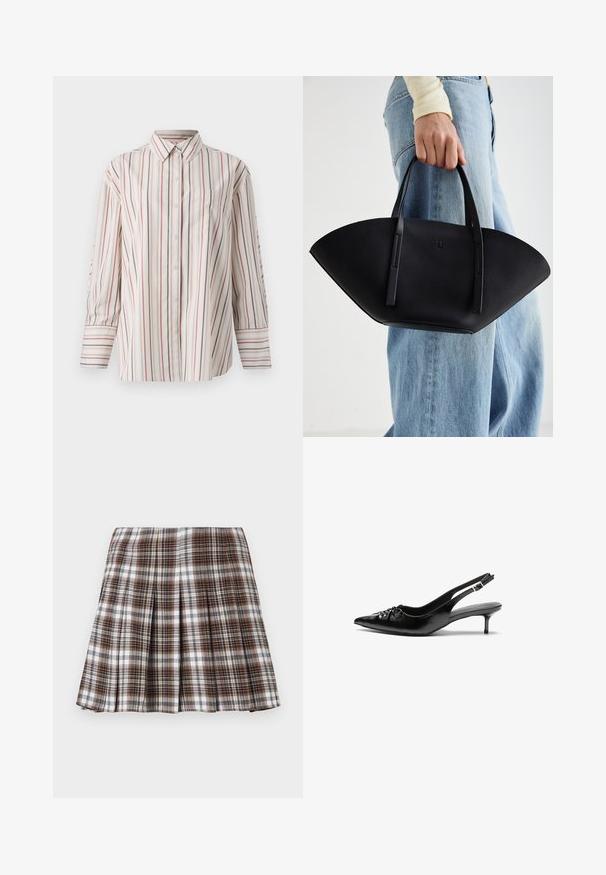 Button-up skjorte i cremet farve med lodrette striber i rød og marineblå. Har en brystlomme, standard krave og lange ærmer med manchetter.; Brun og hvid ternet plisseret nederdel med en struktureret design og sprød tekstur, der har høj talje og flere lodrette folder.; Sorte læderslippers med spidse tæer, lille kitten hæl og en dekorativ knude detalje foran. Glat tekstur hele vejen rundt.; Sort læderhåndtaske med en unik vifteform, der har flade håndtag. Overfladen har en pebblelignende tekstur og et minimalistisk design.