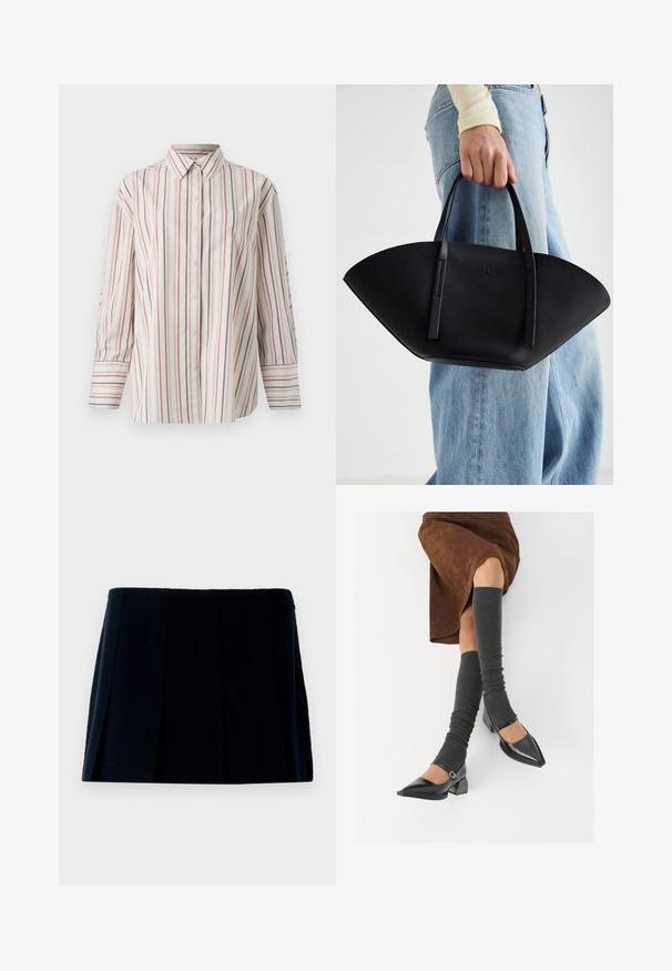 Kreemivärviline nööpidega särk, millel on vertikaalsed punased ja mereväesinised triibud. Omab rinna-taskut, standardset kraed ja pikki varrukaid mansettidega.; Must mustriga mini seelik, mis on valmistatud kangast. Omab sirget vöönda ja mitu vertikaalset voldikut kuju ja tekstuuri loomiseks.; Mustad patsaline odav värviga kingad, millel on kreen ja pahkluuring, on paaritatud hallide ribakudumitega sääremiidega ja pruunist nahast seelikuga.; Must mustra kott, millel on unikaalne fännikujuline disain, millel on lapikud käepidemed. Pinna tekstuur on kivikujuline ja disain on minimalistlik.