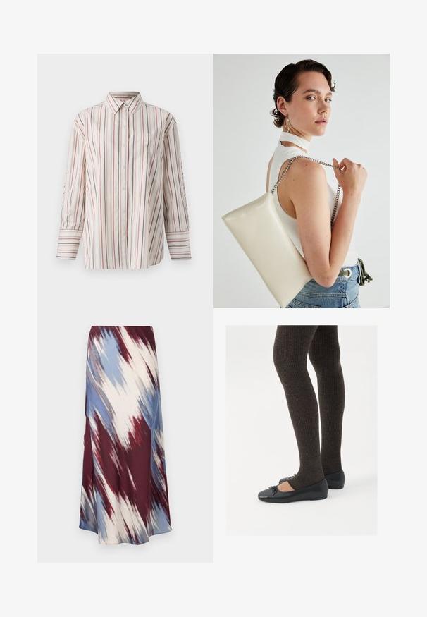 Kremines krāsas krekls ar vertikālām sarkanām un tumši zilām svītrām. Iekļauj krūšu kabatu, standarta apkakli un garas piedurknes ar aprocēm.; Maksi svārki no mīksta auduma ar diagonālu rakstu bordo, zilā, pelēkā un krēmkrāsā. Plūstošs dizains ar apakšmalu, kas sniedzas līdz potītēm.; Melnas plakano formas kurpes ar mazu loku uz pirksta, apvienotas ar tumši brūnām ribotām zeķubiksēm. Kurpēm ir gluda tekstūra un zems profils.; Balts taisnstūra clutch soma, izgatavota no spīdīga materiāla, ar sudraba ķēdes siksnu. Modelis pozē, demonstrējot somu uz vienkārša fona.