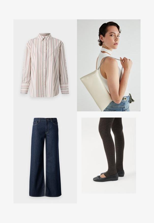 Chemise boutonnée de couleur crème avec des rayures verticales rouges et marines. Présente une poche poitrine, un col standard et des manches longues avec des poignets.; Jean large en denim bleu foncé. Présente des coutures contrastées, cinq poches et une fermeture par bouton à la taille. Texture lisse.; Chaussures plates noires avec un petit nœud au niveau des orteils, associées à des collants côtelés marron foncé. Les chaussures ont une texture lisse et un profil bas.; Pochette rectangulaire blanche en matériau brillant, avec une bandoulière en chaîne argentée. Le modèle pose en mettant en valeur le sac contre un fond uni.