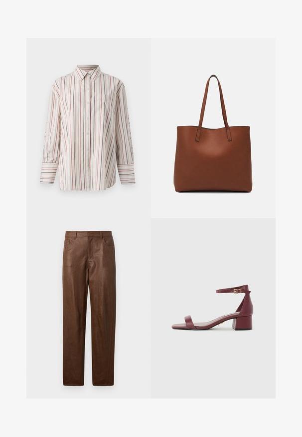 Camisa abotonada en color crema con rayas verticales en rojo y azul marino. Cuenta con un bolsillo en el pecho, cuello estándar y mangas largas con puños.; Pantalones de cuero marrón con una textura suave, diseño de pierna recta y dos bolsillos laterales. Presenta detalles de costura visibles.; Sandalia de cuero burdeos con punta cuadrada, fina correa en el tobillo, herrajes dorados y un chunky tacón cuadrado. Textura suave y diseño minimalista.; Bolso tote de cuero marrón con una textura suave, diseño de apertura superior y dos correas para el hombro. Presenta una costura mínima y sin herrajes visibles.