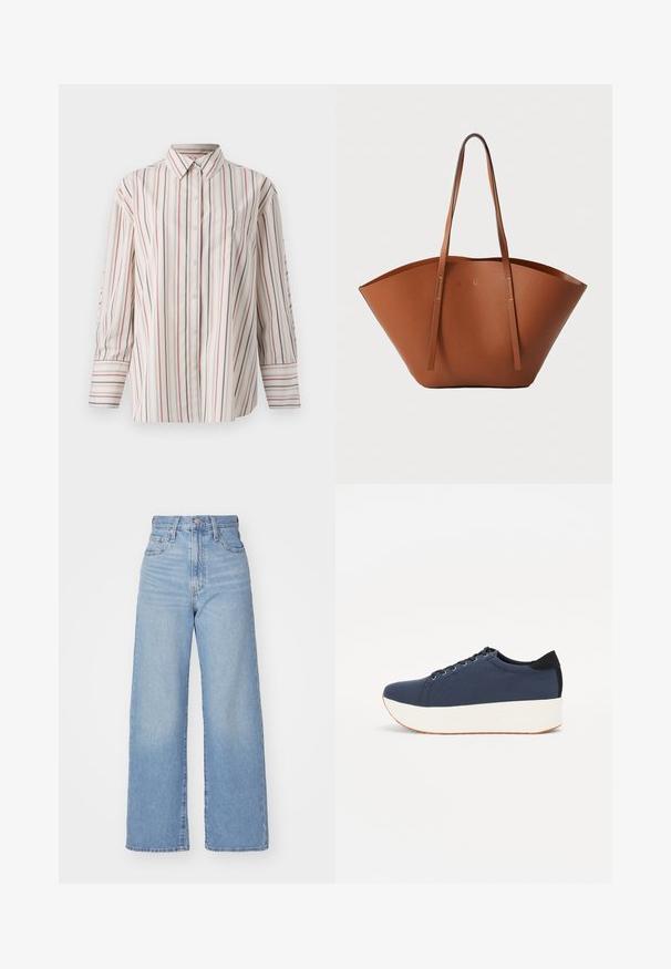 Krém színű, függőleges piros és tengerészkék csíkos ing. Mellzsebből, klasszikus gallérral és hosszú, mandzsettás ujjakkal rendelkezik.; Világoskék, magas derekú, bő szárú farmernadrág, elülső gombbal és cipzárral, elülső és hátsó zsebekkel, fehér háttérrel.; Sötétkék sportcipő, texturált szövet felsőrész, fehér platform talp, lekerekített orr és fekete sarok akcentussal. Hat fűzőlyuk található rajta.; Barna bőr táska széles, struktúrált formával, vékony fogantyúkkal és texturált felülettel. Minimalista dizájnnal rendelkezik, látható fémrészek nélkül.