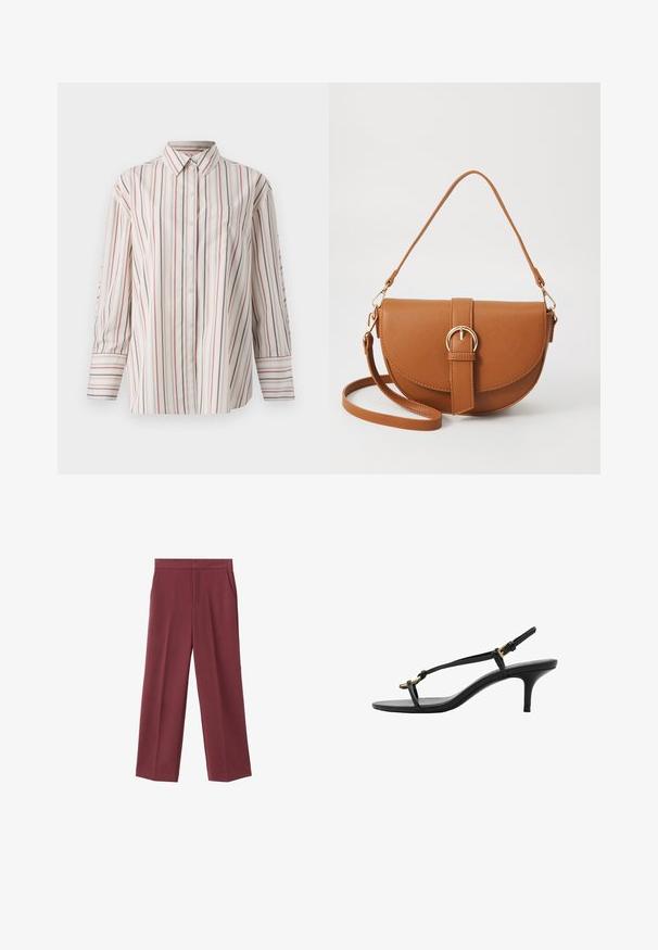 Knapp-up skjorta i gräddvit med vertikala ränder i röd och marinblå. Har en bröstficka, standardkrage och lång ärm med manschetter.; Bordeaux bredderbyxor med en slät textur, med sidofickor och hög midja. Skräddarsydda med en ren frontveck.; Svart lädersandal med kitten heel, tunna remmar, guldspänne och minimalistisk tåloop på en vit bakgrund.; Brun läder crossbody-väska med en böjd form, gyllene detaljer och en spänneaccent. Har en avtagbar axelrem.