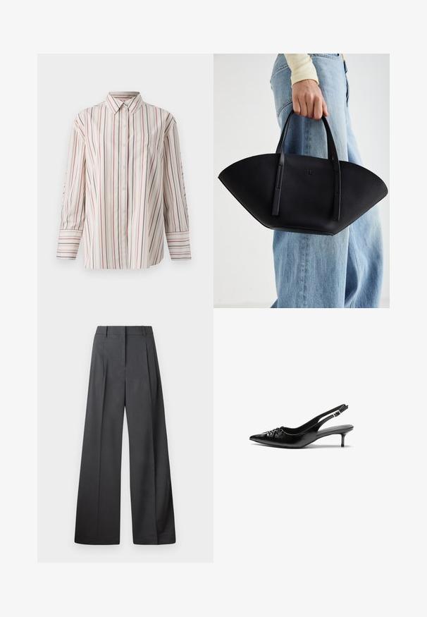 Button-up skjorte i cremet farve med lodrette striber i rød og marineblå. Har en brystlomme, standard krave og lange ærmer med manchetter.; Bredde benbukser i mørkegrå stof, med høj talje, enkelte læg og en glat tekstur med en ren finish ved kanten.; Sorte læderslippers med spidse tæer, lille kitten hæl og en dekorativ knude detalje foran. Glat tekstur hele vejen rundt.; Sort læderhåndtaske med en unik vifteform, der har flade håndtag. Overfladen har en pebblelignende tekstur og et minimalistisk design.