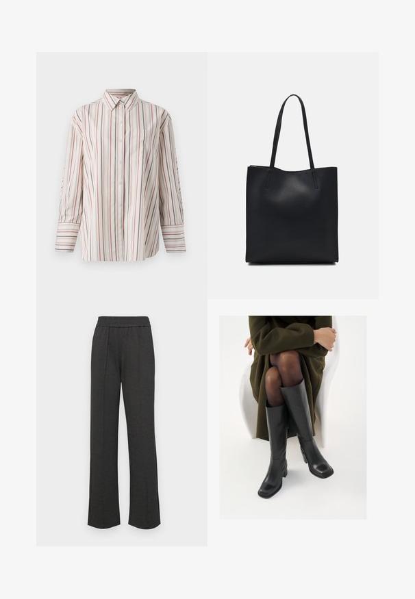 Hemd in creme mit vertikalen Streifen in Rot und Marine. Mit einer Brusttasche, Kragen und langen Ärmeln mit Manschetten.; Schwarze gerade geschnittene Hose mit elastischem Bund, vorderen Falten, weichem Stoff und ohne sichtbare Muster oder Hardware-Details.; Knöchelhöhe schwarze Lederstiefel mit quadrater Spitze und Blockabsatz, gezeigt mit einem Modell, das einen olivgrünen Mantel trägt. Glatte Textur, minimale Details.; Schwarze Laptoptasche aus Leder mit glatter Textur, rechteckiger Form und zwei langen Griffen. Keine sichtbaren Beschläge oder Verzierungen.