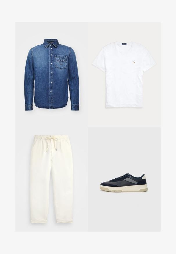 Tamsiai mėlynas džinsinis marškinis su ilgomis rankovėmis, mygtukų uždarymu, priekinė kišenė su "Versace" logotipu ir matomomis siuvimo detalėmis.; Balta trumpa rankovėmis marškinėliai su apvali kaklo išpjova, su Polo Ralph Lauren logotipo siuvinėjimu kairėje krūtinės pusėje.; Šviesiai kreminės spalvos, laisvalaikio kelnės iš minkštos medžiagos. Turi elastinį juosmenį su raišteliais ir siaurėjantį kojų dizainą.; BOSS BALTIMORE - Sportbačiai - open blue