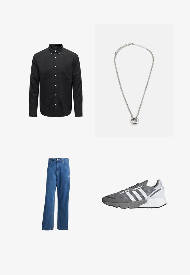Černá košile na knoflíky vyrobená z tkané látky, s špičatým límcem, dlouhými rukávy, kapsou na prsou a bílými knoflíkovými akcenty.; Modré vysoké široké džíny s vysokým pasem, předními kapsami, poutky na opasek, knoflíkovým zapínáním a malým logem Adidas na pravém stehně.; Šedá a bílá sportovní bota s horní částí z síťoviny, třemi bílými pruhy, polstrovanou podrážkou a zdrsněnou šedou gumovou podrážkou.; Stříbrný kovový náhrdelník se zkroutým řetězem a kulatým přívěskem s leštěným povrchem.