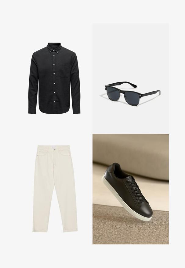 Svart skjorte med knapper laget av vevd stoff, med spiss krage, lange ermer, brystlomme og hvite knappdetaljer.; Beige denimbukser med rett benklipp, med fem lommer, knappelukking og subtile sømdetaljer. Glatt tekstur.; Svart lær sneakers med hvit gummisåle og svarte lisser, plassert mot en beige stoffoverflate og bakgrunn.; Sorte solbriller med rektangulær form, mørke linser, sølvfargede detaljer ved templene, og en matt finish på rammen.