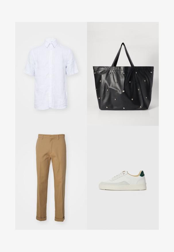 Tiger of Sweden SPENSER - Košile - tinted white; Hnědé bavlněné kalhoty s rovný střih, s ohrnutým lemem, dvěma předními kapsami a hladkým povrchem.; Bílé tenisky se semišovými prvky, kulatou špičkou, plochými tkaničkami a krémovou gumovou podrážkou. Na patě mají zelené logo.; Černá taška přes rameno vyrobená z hladkého syntetického materiálu, s jemnou texturou a stříbrnými dekorativními nýty rovnoměrně rozmístěnými po povrchu.