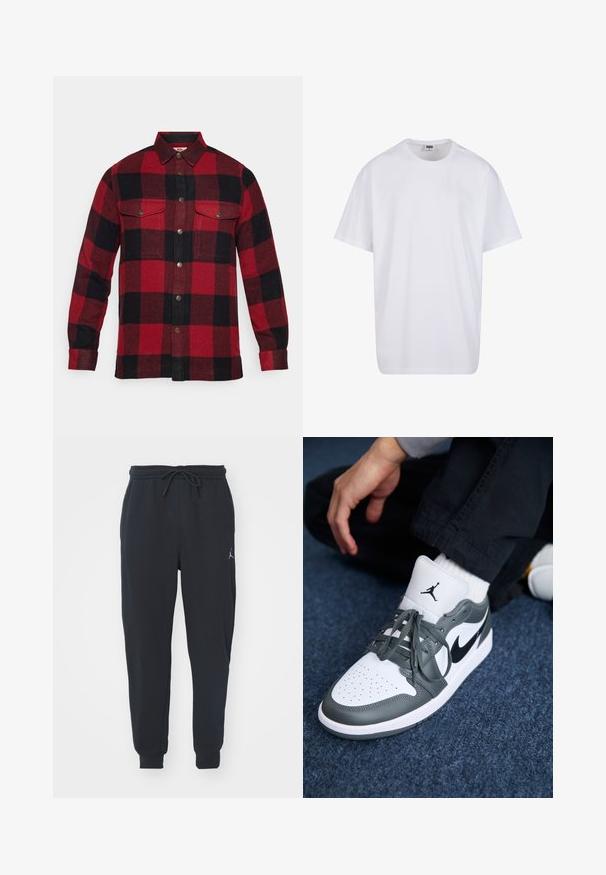 Fjällräven CANADA SHIRT M - Camicia - red; Maglietta bianca in cotone con maniche corte, scollatura rotonda, vestibilità comoda e senza loghi o motivi visibili. Texture liscia e design minimale.; Pantaloni jogger neri realizzati in tessuto morbido, dotati di una vita elastica con coulisse, polsini a costine e un piccolo logo sulla coscia sinistra.; Sneakers Nike Air Jordan 1 in pelle bianca e grigia, con un logo nero, punta perforata e lacci grigi piatti.