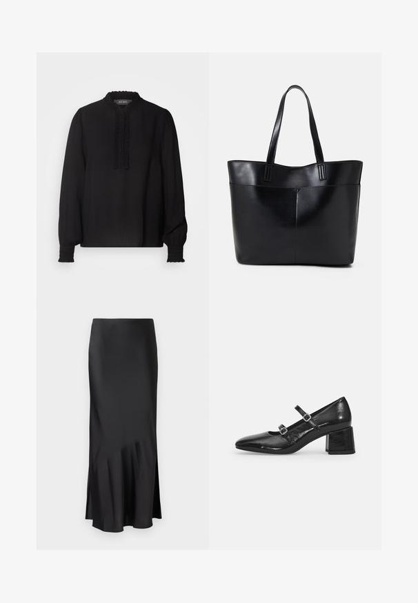 Mos Mosh RETA BLOUSE - Camicetta - black; Gonna midi nera in satin con un design elegante, caratterizzata da un leggero svaso all'orlo e uno spacco laterale per facilitare i movimenti. Texture liscia.; Scarpe Mary Jane in pelle patent nera con punta appuntita, due cinturini regolabili e tacco a blocco spesso. Texture liscia e finitura lucida.; Borsa a tracolla in pelle nera con due manici lunghi, una texture liscia e una forma strutturata. Presenta una tasca frontale per ulteriore spazio di archiviazione.