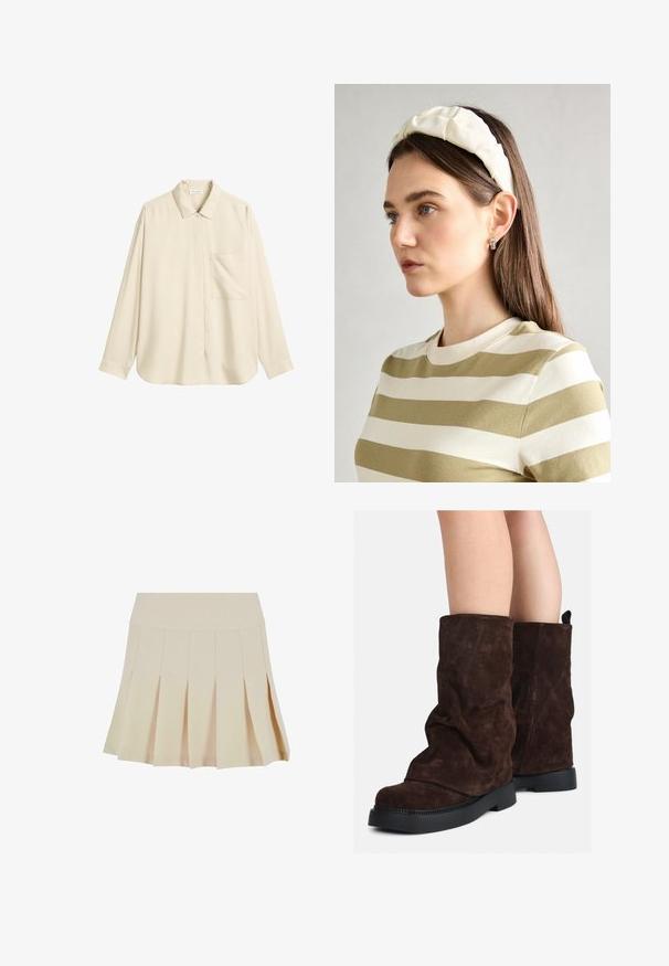 Beige Langarmhemd mit Knopfleiste, Brusttasche und klassischem Kragen, aus glattem Stoff gefertigt.; Beige Faltenrock mit einem taillierten Bund, aus einem glatten Stoff gefertigt. Verfügt über mehrere vertikale Falten und einen geraden Saum.; Braune Wildleder-Stiefel bis zur Wade mit schwarzen Gummisohlen, die an nackten Beinen getragen werden und leichte Faltenbildung an den Schafthaltern aufweisen.; Cremfarbener gepolsterter Haarreif mit gedrehtem Design, kombiniert mit einem beigen und weißen gestreiften Shirt mit rundem Halsausschnitt. Dezente Schmuckakzente.