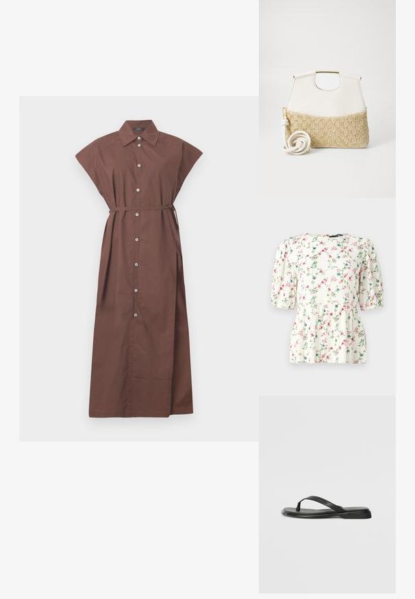 Biela blúzka s farebnou kvetinovou potlačou, krátke puff rukávy a voľný strih. Vyrobená z ľahkej, štruktúrovanej tkaniny.; Hnedé šaty na gombíky s golierom, krátkymi rukávmi, opaskom v páse a dlhým, splývavým dizajnom. Hladká bavlnená tkanina.; Čierne šľapky vyrobené z hladkej kože, s tenkým pásikom a plochou podrážkou s minimalistickým profilom. Bez výrazných vzorov alebo akcentov.; Biely kožený kabelka so štruktúrovaným krémovým tkaným dnom. Obsahuje zlatý úchyt a vinutý biely popruh pre univerzálnosť.
