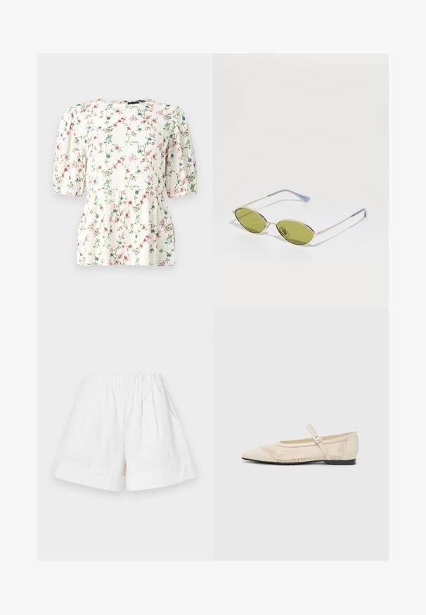 Balta blūze ar krāsainu ziedu rakstu, īsām puff piedurknēm un brīvu piegriezumu. Izgatavota no viegla, teksturēta auduma.; Bāli, kokvilnas šorti ar elastīgu jostasvietu, divām sānu kabatām un salocītiem piedurkņu galiem. Krekla dizains piešķir tekstūru un dimensiju.; Bēža baleta kurpes ar smailu purngalu, pārklātas ar sietu, un ar sānu sprādzi. Plakana zole ar gludu tekstūru.; Olīvu zaļi saulesbrilles ar plānu zelta rāmi un zila akcenta kājām. Ovali lēcas un minimālisma dizains.; Even&Odd STRAW - Plecu soma - beige