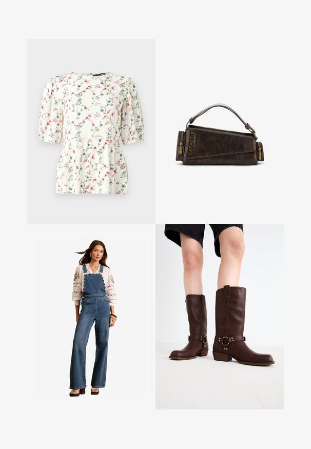 Blusa bianca con stampa floreale colorata, maniche a sbuffo corte e vestibilità ampia. Realizzata in tessuto leggero e testurizzato.; Salopette in denim con un design scallopato sul bavaglino, gambe svasate e tasche laterali. Abbinata a una blusa bianca ricamata e accessori in legno.; Stivali marroni in pelle al ginocchio con punta rotonda, superficie testurizzata, cinturino alla caviglia e dettagli in metallo argentato; tacco impilato.; Borsa a mano in pelle marrone con un design geometrico, caratterizzata da un manico superiore e dettagli in ottone sulla cerniera. Logo stampato a caldo sul lato.