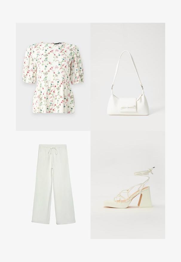 Blusa bianca con stampa floreale colorata, maniche a sbuffo corte e vestibilità ampia. Realizzata in tessuto leggero e testurizzato.; Pantaloni bianchi a gamba larga realizzati in un tessuto morbido. Presentano un elastico in vita con cordino e una consistenza liscia. Senza motivi visibili o accessori.; Sandalo bianco con tacco alto, caratterizzato da un design a cinturini e un legaccio alla caviglia. Texture liscia con una piattaforma frontale per un'altezza aggiuntiva.; Borsa sintetica bianca a forma triangolare, con patta anteriore piatta e dettaglio a fiocco, tracolla regolabile, texture liscia e design minimalista.
