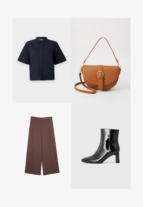 Temna modra kratka majica z lahkotnim materialom, z gumbom spredaj in klasičnim ovratnikom.; Rjave široke hlače z gladko teksturo, ki imajo visok pas in sprednje naborke. Tkanina je lahka in prosto pada.; Črne lakirane gležnjarje z ošiljenim nosom in srednje visokim blokastim peto. Gladka tekstura in minimalističen dizajn.; Rjava usnjena torbica prek telesa s ukrivljeno obliko, zlate opreme in sponko. Ima odstranljiv naramni trak.