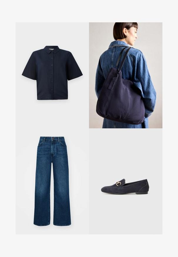 Sötétkék, rövidujjú ing, amely könnyű anyagból készült, gombos elülső résszel és klasszikus hegyes gallérral rendelkezik.; Magas derekú, széles szárú farmernadrág sötétkék denimből, sima tapintással, kontrasztos varrással és öt zsebes kialakítással. Elöl gombos záródás.; Sötétkék velúr mokaszin, lekerekített orral, díszített fém lánc akcentussal és alacsony sarokkal, kontrasztos varrási részletekkel.; Tengerészkék vászon válltáska, puha, struktúrált formával, fekete pánttal, varrott részletekkel és egy kis márkajelzéssel.
