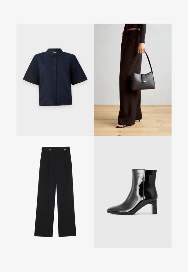 Cămașă scurtă, de culoare albastru închis, dintr-un material ușor, cu un sistem de închidere cu nasturi și un guler clasic în vârf.; Pantaloni negri cu picioare largi, talie înaltă, detalii cu butoane pe talie și pliseuri în față.; Botine negre din piele lacuită, cu vârful ascuțit și toc bloc de înălțime medie. Textură netedă și design minimalist.; Genți negre cu o formă structurată, textură netedă și un închizător metalic. Asortată cu pantaloni negri largi și sandale cu vârf deschis pe un podea din lemn.