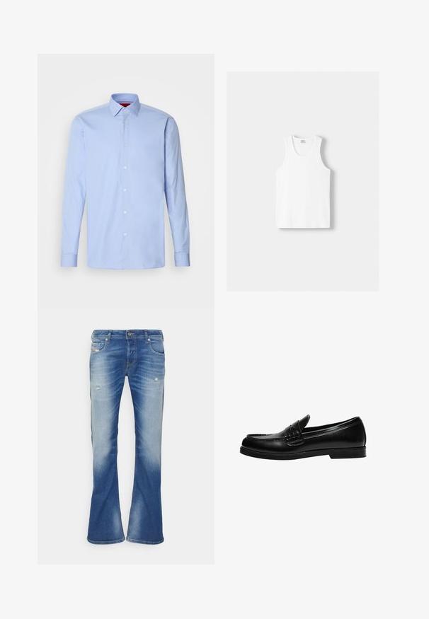 Világoskék, hosszú ujjú ing, amely pamutból készült, klasszikus gallérral és fehér gombokkal ellátott gombolható elülső résszel. Sima tapintású.; Fehér pamut ujjatlan felső kerek nyakkivágással, széles vállpántokkal és egyenes szegéllyel, sima textúrával, látható minták nélkül.; Kék, fakuló bootcut farmernadrág enyhe kopással az elülső combokon és klasszikus, öt zsebes dizájnnal fehér háttérrel.; Fekete bőr loafer sima felülettel, a vamp-on varrási részlettel és alacsony, szilárd fekete gumitalppal.