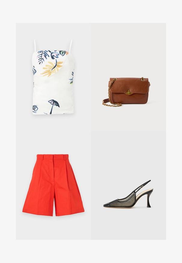Camisola bianca con delicate spalline, caratterizzata da una stampa floreale e tropicale nei colori blu, giallo, rosa e verde.; Shorts in cotone rosso con vita alta, caratterizzati da pieghe e una silhouette ampia. Tessuto liscio e linee pulite. Senza tasche né decorazioni.; Scarpa con tacco alto nera a slingback con punta appuntita, dettagli in rete e una finitura in pelle liscia. I colori includono nero e accenti beige.; Borsa a tracolla in pelle marrone con chiusura a patta, hardware dorato e tracolla a catena. Texture liscia, forma rettangolare, dettagli minimi.