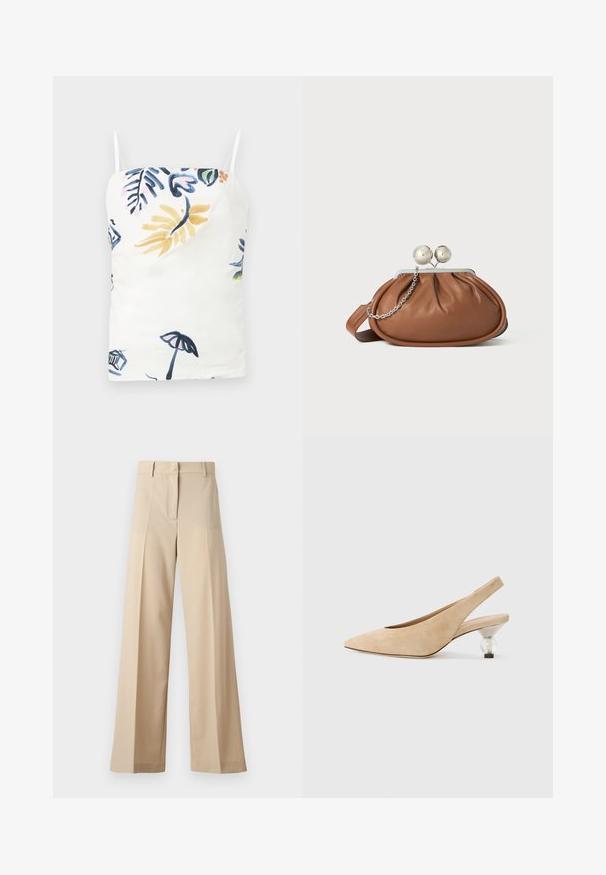 Valkoinen toppi ohuilla spagettiolkainilla, jossa on värikäs kukka- ja trooppinen kuvio sinisen, keltaisen, vaaleanpunaisen ja vihreän sävyissä.; Beige leveled trousers made from smooth fabric, featuring a flat front with folds, a zip fly, and belt loops. Overall tailored fit.; Beige mokkanahka slingback-kengät, joissa on teräväkärkinen muoto ja läpinäkyvä, pyöreä korko. Sileä pinta ja minimalistinen muotoilu.; Ruskolehti nahka käärimispuss, jossa on hopeinen pallo-osa ja pieni hopeaketjuvalinta valkoista taustaa vasten.