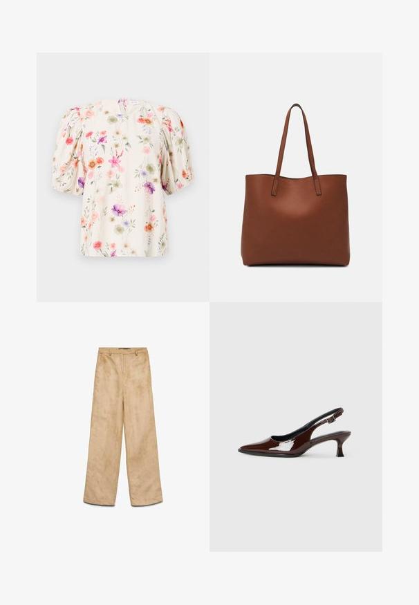 Blomstret bluse med pufferm, med en kremfarget bakgrunn og fargerike blomster mønstre i nyanser av rosa, lilla og grønn.; Beige suedebukser med vide ben og glatt tekstur, med frontlomme, beltehemper og to sidelommer.; Brune patentlæder slingback sko med spids tå og moderat hæl. Har en spænde rem for sikker pasform. Glat tekstur.; Brun lær tote veske med en jevn tekstur, åpen toppdesign og to skulderstropper. Har minimal søm og ingen synlige spiker.