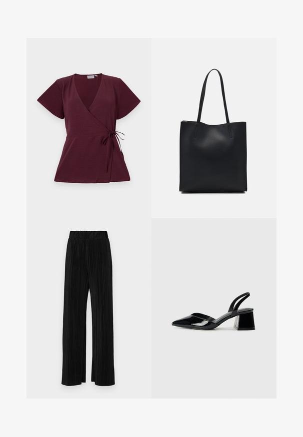 Burgundi színű, rövid ujjú átkötős felső, V-kivágással, derékon megkötő részlettel és textúrált anyaggal. Egyszerű és sokoldalú design.; Fekete pliszírozott nadrág gumis derekkal. Széles lábakkal rendelkezik, sima, texturált anyagból készült, függőleges csíkokkal.; Fekete lakk bőr szandálkés magas sarkú cipő, hegyes orral és geometrikus tömbsarkakkal. Karcsú, minimalista dizájn és sima textúra jellemzi.; Fekete bőrtáska sima felszínnel, téglalap alakú, két hosszú füllel. Nincs látható fémkiegészítő vagy díszítés.