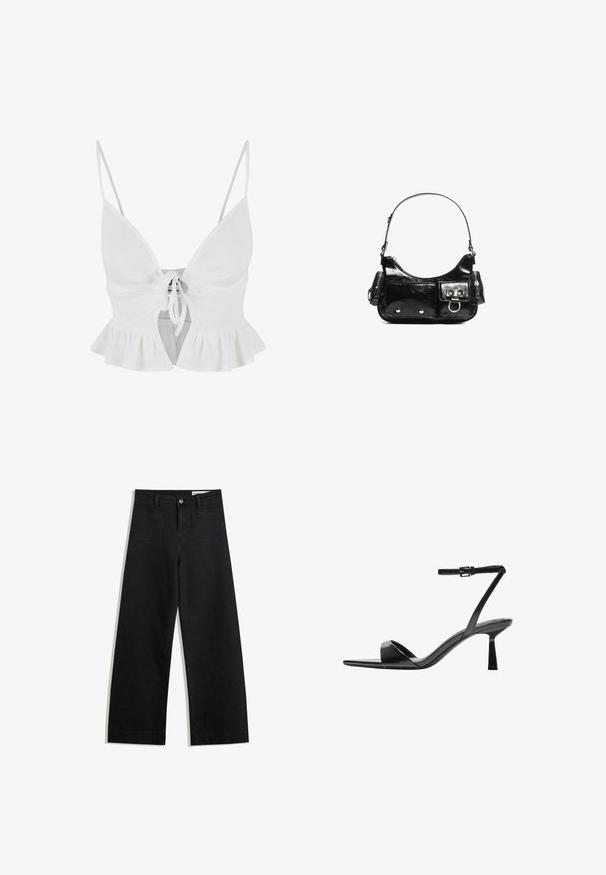 Biely rebrovaný crop top s nastaviteľnými špagetovými ramienkami, predným viazaním a volánkovým lemovaním. Mäkká textúra a priliehavý strih.; Čierne denimové nohavice s širokými nohavicami a vysokým pásom, so prednými a zadnými vreckami, šitými švami a zapínaním na gombík. Hladká textúra.; Bershka Sandále na vysokom opätku - black; Čierna laková kožená kabelka s ohnutým tvarom, jedným ramenným popruhom, prednými vreckami a striebornými kovovými doplnkami.