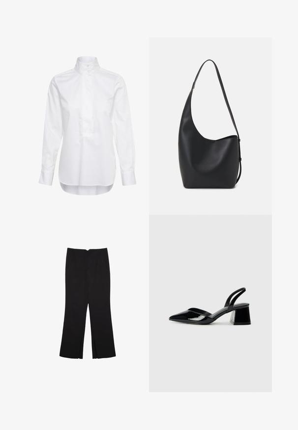 Camicia bianca a maniche lunghe in cotone. Presenta un colletto alto, una chiusura con bottoni e un orlo posteriore leggermente più lungo. Texture liscia.; Pantaloni neri a gamba dritta, con tasche frontali e spacchi laterali all'orlo. Realizzati in tessuto morbido e liscio. Adatti a diverse occasioni.; Décolleté in vernice nera con punta affusolata e tacco in geometria cubica. Presentano un design elegante e minimalista, con una texture liscia.; Borsa hobo nera in pelle con una superficie liscia, forma curvata e una singola tracolla regolabile; presenta un'ampia apertura nella parte superiore.