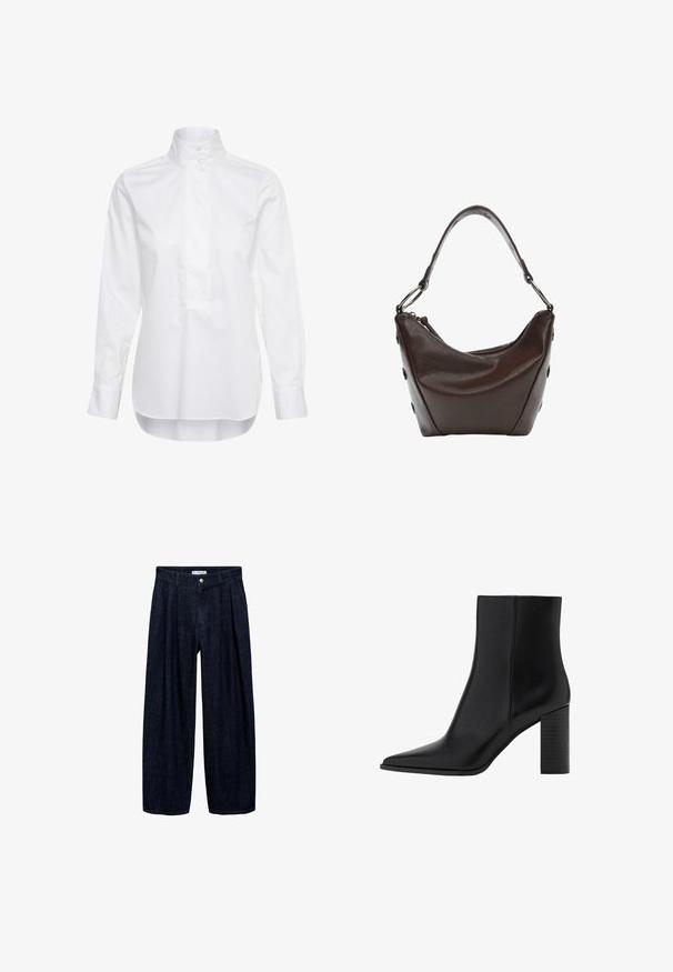 Bela srajca z dolgimi rokavi iz bombaža. Ima visok ovratnik, gumbasti zaprh in rahlo daljši zadnji rob. Gladka tekstura.; Temne traper hlače širokega kroja z naborki na pasu, z sprednjim gumbom in zankami za pas. Gladka tekstura in dolga zasnova.; Črne usnjene gležnjarje z ostrim nosom, kvadratno peto, gladko teksturo in šivi ob šivih. Pete merijo približno 3,5 palca.; Temna rjava usnjena torbica s ukrivljeno obliko, z zadrgo in kratko ročico. Ima kovinske dodatke in okrasne črne gumbe na strani.