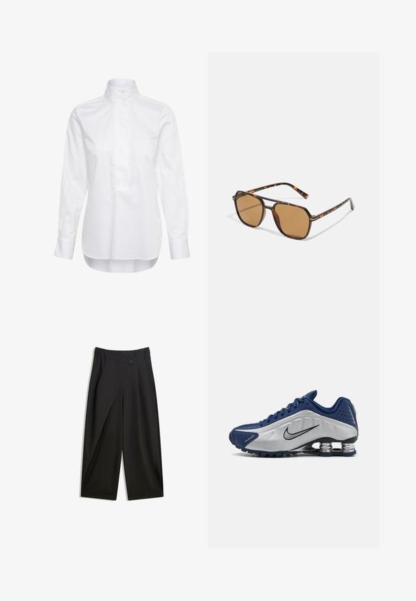 Bela srajca z dolgimi rokavi iz bombaža. Ima visok ovratnik, gumbasti zaprh in rahlo daljši zadnji rob. Gladka tekstura.; Črne široke hlače iz gladkega blaga. Imajo sprednji zavihek, gumbasto zapiranje in prirejeno pasnico za eleganten videz.; Modre in srebrne športne čevlje z teksturirano zgornjščino, perforacijami in ukrivljenim podplatom z metalnimi blazinicami. Črn logotip kot poudarek.; Sončna očala rjave barve s okvirjem iz želve, pravokotnimi lečami in ozkimi ročaji z oranžno poudarjeno vzorcem.