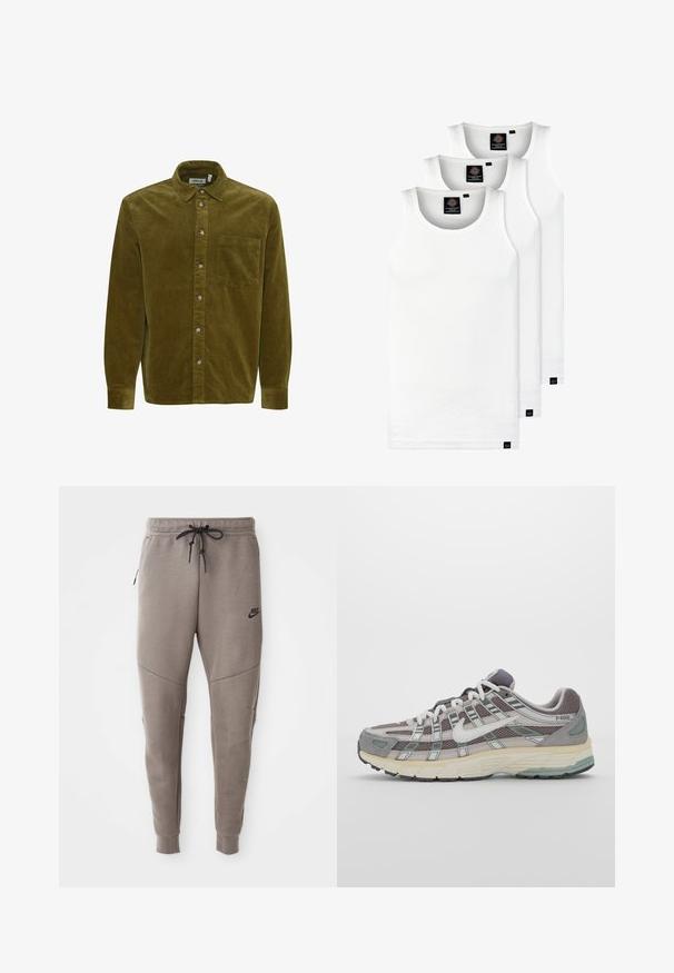 Olive green corduroy shirt featuring a button-down collar, front pocket, and silver-tone buttons. Long sleeves with cuff detailing.; Three white ribbed tank tops made of cotton. Features a crew neck and small black labels near the hem. Available in multiple sizes.; Gray Nike sweatpants with a drawstring waistband, tapered legs, side pockets, and distinct seam detailing. Soft, textured fabric.; Gray athletic shoe featuring a mesh and suede upper, white accents, a cushioned sole, and a distinctive design with reflective elements.