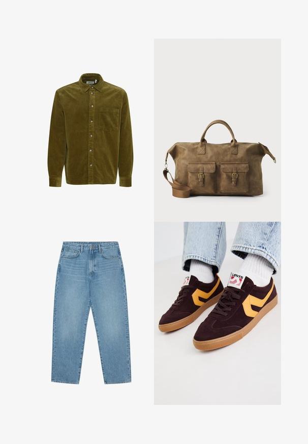 Zöldolíva kord ing, gombos gallérral, elülső zsebre és ezüstszínű gombokra fókuszálva. Hosszú ujjú, mandzsetta részletekkel.; Vaaleansiniset leveälahkeiset farkut korkealla vyötäröllä, joissa on viisi taskua, vyölenkit ja pehmeä, hieman haalistunut pinta.; Tumman punainen samettinen kangaskenkiä keltaisilla nahkaosilla, kumipohja ja valkoiset nauhat. Brändäys näkyvissä kielessä.; Ruskea nahkainen duffel-laukku, jossa on kaksi etutaskua, säädettävä olkahihna, kultaiset yksityiskohdat ja tukevat yläkahvat. Lisääntynyt sileä rakenne.