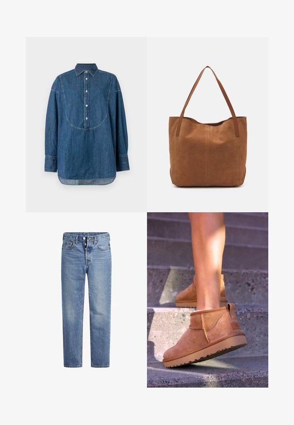 Koszula dżinsowa w ciemnym niebieskim kolorze, z kołnierzem, zapięciem na guziki, długimi rękawami oraz zaokrąglonym przeszyciem na wysokości klatki piersiowej.; Jasnoniebieskie jeansy denimowe o prostym kroju, z pięcioma kieszeniami i zapięciem na guziki. Charakteryzują się delikatnym wyblaknięciem oraz pomarańczowymi przeszyciami.; Brązowe zamszowe botki za kostkę o miękkiej teksturze, z przeszyciami i gumową podeszwą, wyposażone w pętelkę na pięcie dla łatwego zakładania.; Brązowa zamszowa torba tote z dwoma długimi uchwytami, charakteryzująca się gładką teksturą, prostym wzornictwem oraz brakiem widocznych elementów metalowych czy akcentów.