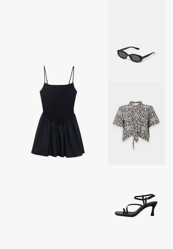 Crop top corto a maniche corte bianco e nero con un motivo a diamante e dettaglio con nodo davanti. Realizzato in tessuto leggero e con colletto.; Abito nero con corpetto arricciato e spalline regolabili. La gonna è arricciata, creando una forma svasata. Tessuto morbido in tutto l'abito.; Sandali con tacchi in pelle nera, caratterizzati da sottili cinturini, punta quadrata e tacco a stiletto. Cinturino alla caviglia regolabile per una vestibilità perfetta. Texture liscia.; Occhiali da sole neri con lenti ovali, montatura in plastica lucida e stecche sottili. Presentano il logo Ray-Ban in bianco sul lato.; Borsa a spalla nera in materiale sintetico con silhouette curvilinea, finitura testurizzata, logo triangolare dorato e dettagli in metallo removibili.