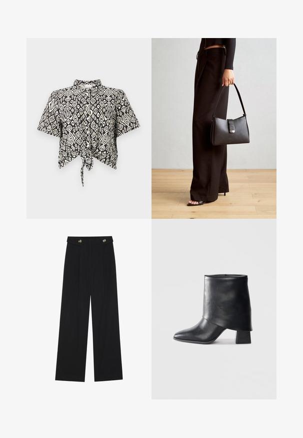 Black and white short-sleeve crop top with a diamond pattern and a front tie detail. Made of lightweight fabric with a collared neckline.; Black wide-leg trousers with high waist, button details on waistband, and front pleats.; Black leather ankle boot with a pointed toe, smooth texture, and a structured block heel. Features a high, folded cuff design.; Black handbag with structured shape, smooth texture, and a metallic clasp. Paired with wide black pants and open-toe sandals on wooden floor.