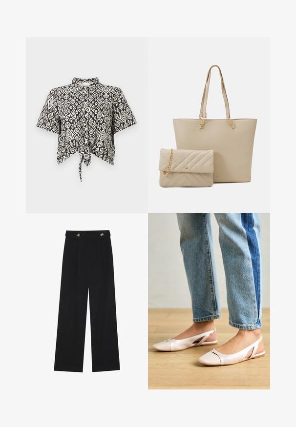 Black and white short-sleeve crop top with a diamond pattern and a front tie detail. Made of lightweight fabric with a collared neckline.; Black wide-leg trousers with high waist, button details on waistband, and front pleats.; Pale pink slingback flats with a pointed toe, made from a smooth leather-like material. Features cut-out details at the sides and a flat heel.; Beige tote bag with flat handles, smooth texture, and gold hardware, paired with a matching quilted clutch featuring a chain strap.