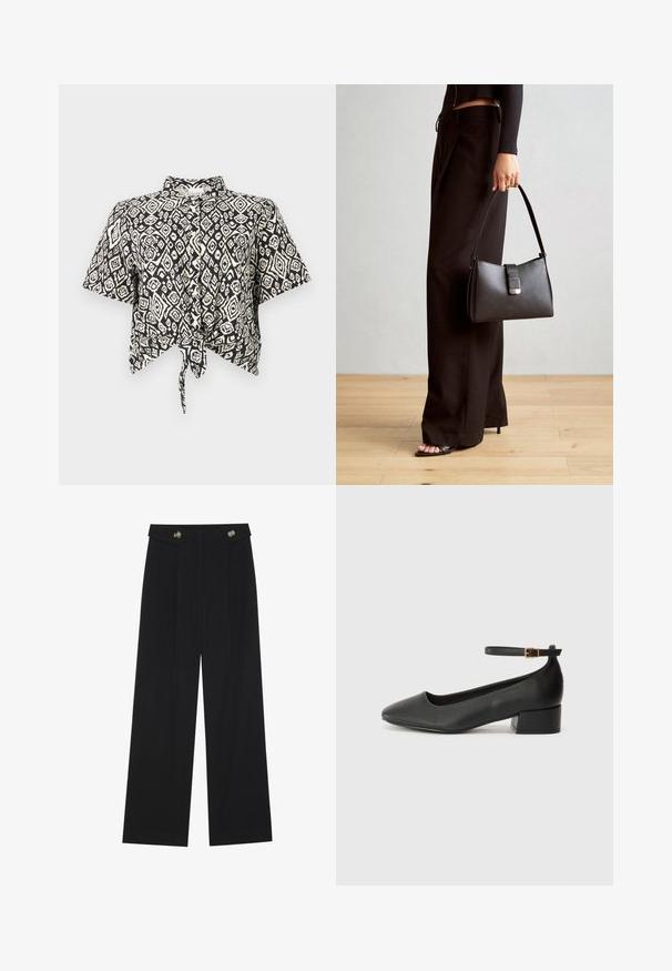 Crni i bijeli kratki crop top s uzorkom dijamanta i detaljem na prednjem dijelu za vezanje. Izrađen od lagane tkanine s ovratnikom.; Crne hlače širokih nogavica s visokim strukom, s dugmadi na pojasu i prednjim nabora.; Crne kožne pumpe s oštrim vrhom i niskom blok petom. Sadrže remen oko gležnja s zlatnim kopčanjem. Glatka tekstura.; Crna torba s oblikom koji sadrži strukturu, glađu teksturu i metalnu kopču. Uparena s širokim crnim hlačama i sandalama na otvorenom s drvenog poda.